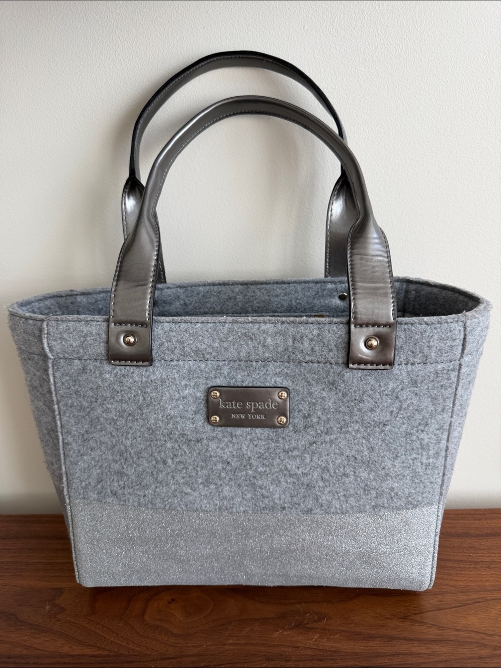 kate spade Frosted Gray & Silver Felt Quinn Tote with Patent Leather Handles